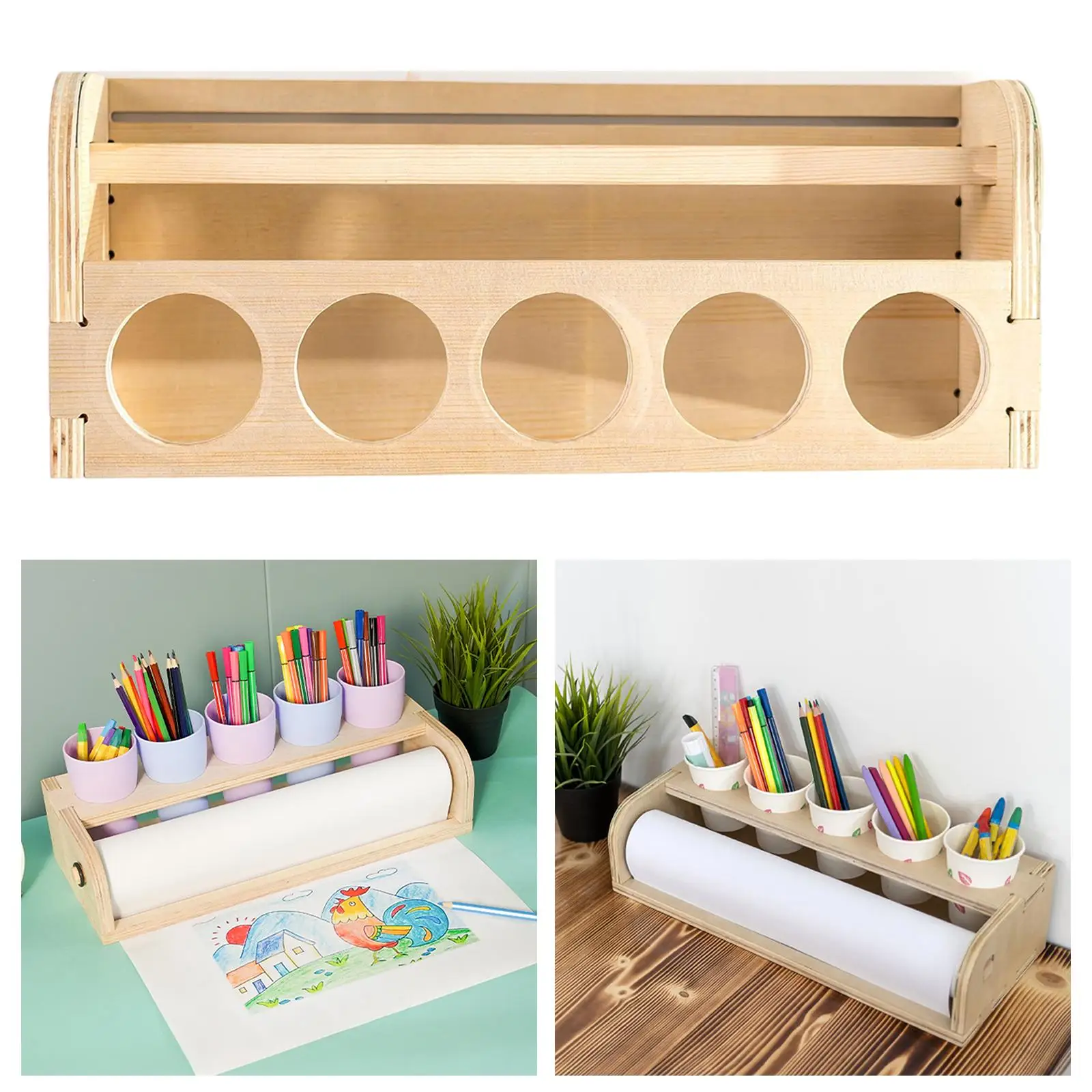 

Wooden Holder Tabletop Paper Roll Dispenser W/ 5 Hole Kids DIY Painting Drawing Tool Parchment Dispenser for DIY Art Painting