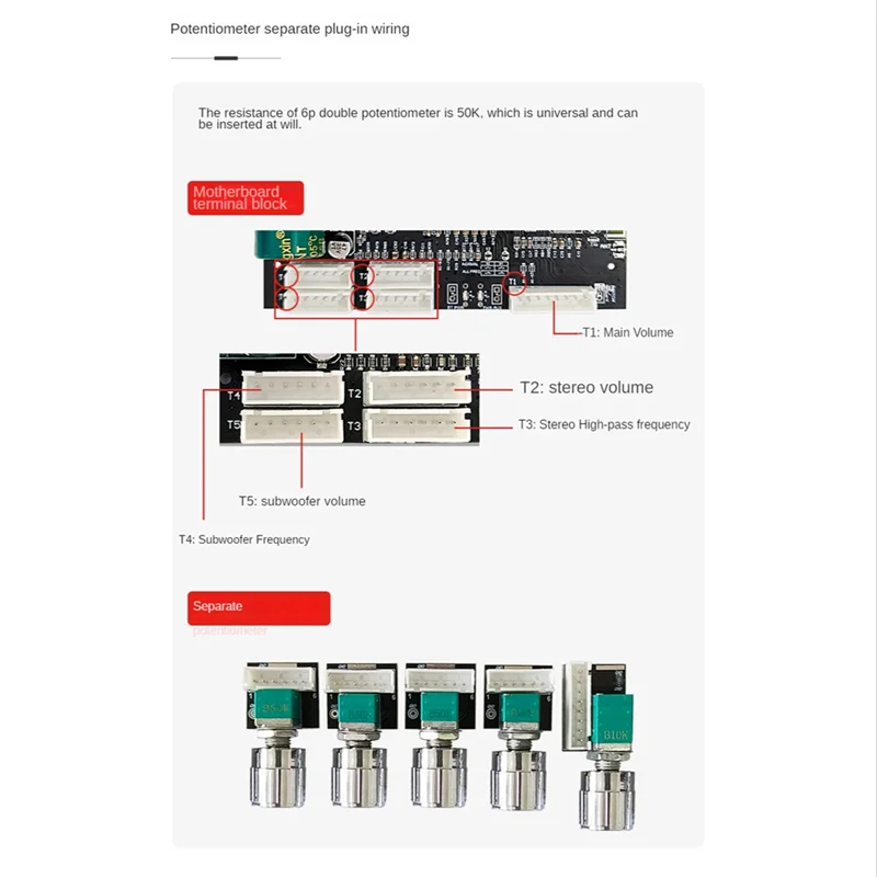

ZK-TB22P Bluetooth5.1 Power Amplifier Board 2.1Channel 2X50W+100W TPA3116D2 Amplifier Module Potentiometer Integrated