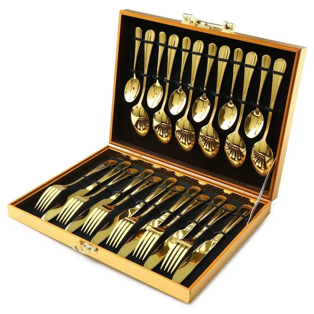 

NEW 24pcs Gold Dinnerware Set Stainless Steel Tableware Set Knife Fork Spoon Luxury Cutlery Set Gift Box Flatware Dishwasher