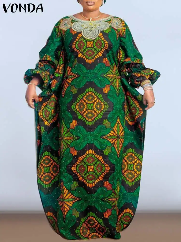 

2023 летний сарафан VONDA, женское богемное Макси-платье с цветочным принтом, винтажное Повседневное платье с круглым вырезом и длинным рукавом-фонариком, Vestidos