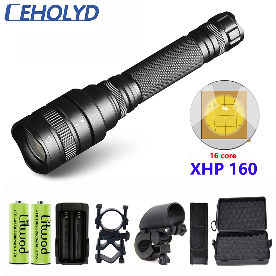 

XHP160 Led Flashlight Tatical Torch Lantern Waterproof XHP90 Shock Resistant Self Defense Hard Light Zoomable Hunting Lantern