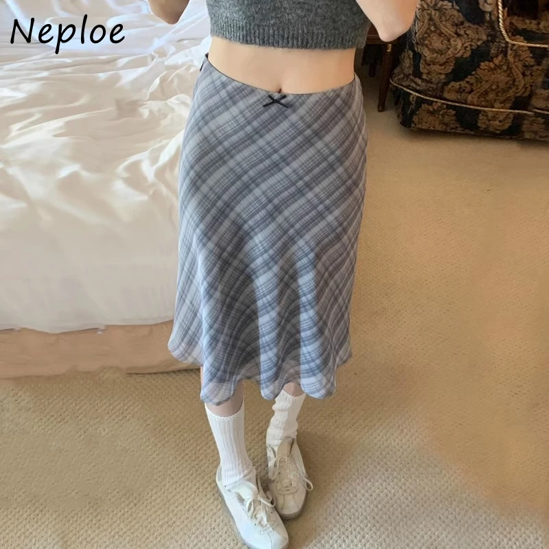 Модная винтажная синяя клетчатая юбка Neploe Y2k облегающая с высокой талией для