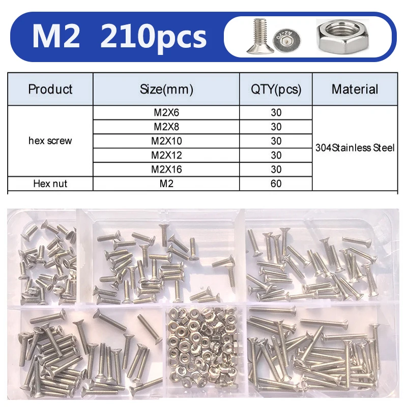 

Набор винтов с шестигранной головкой M2 M2.5 M3 M4 M5 M6 304, болт с шестигранной головкой и шестигранной головкой из нержавеющей стали с плоской потайной головкой и гайка