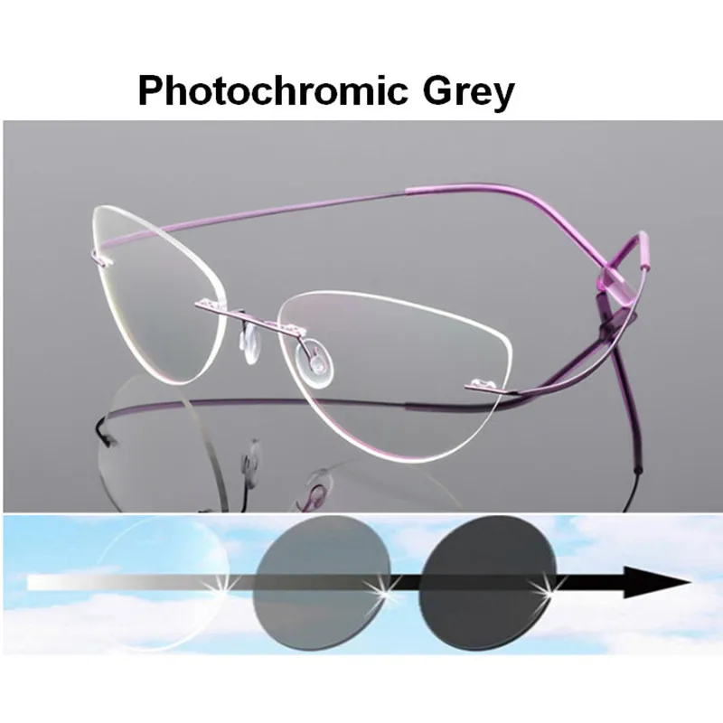 Women rimless photochromic myopia glasses cat-eye prescription sunglasses nearsighted gafas purple frame -1.00 to -6.00