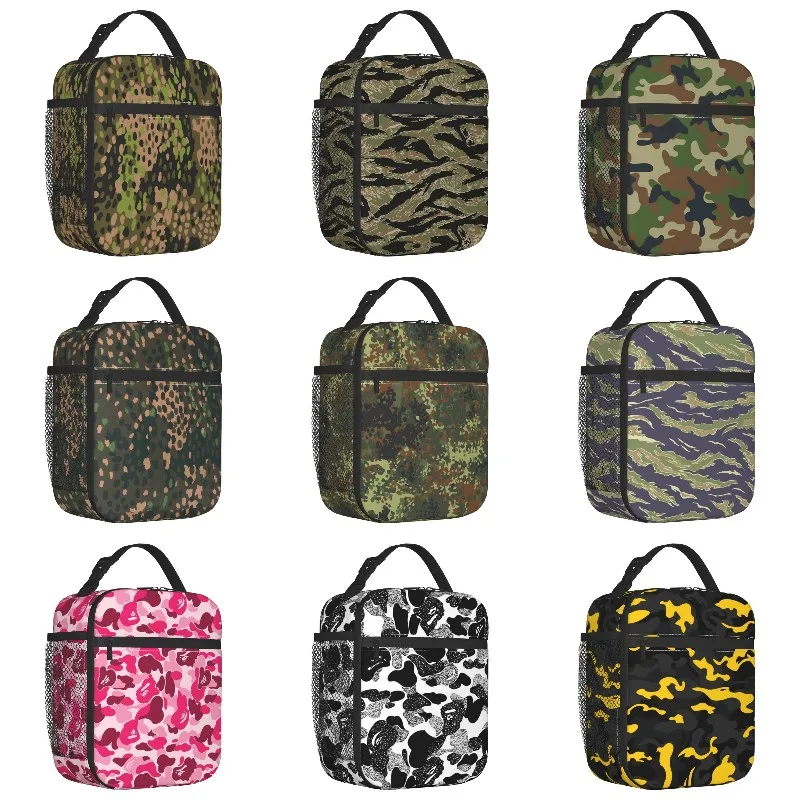 Flecktarn Camo Insulated Lunch Bag for Women Waterproof Military Army Camouflage Cooler Thermal Lunch Tote Beach Camping Travel