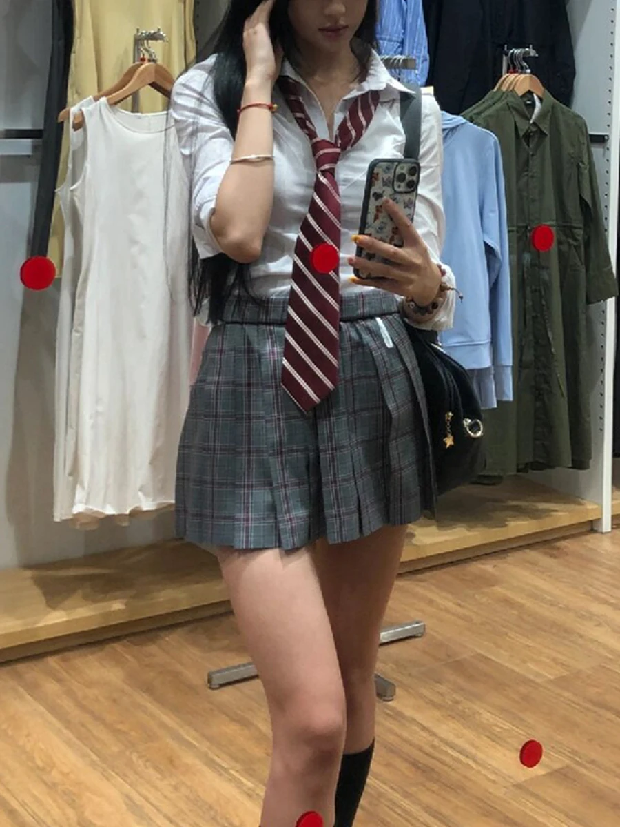 Pure Desire Jk Uniform White Waist Hugging Shirts Summer Mature Royal Sister Women suit Gyaru Wear Plaid Pleated Skirt