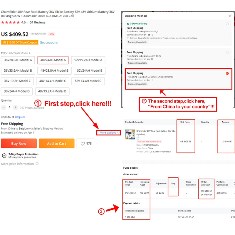 ChamRider 48V Rear Rack Battery 36V Ebike Battery 52V 48V Lithium Battery 36V BaFang 500W 1000W 48V 20AH 40A BMS 21700 Cell