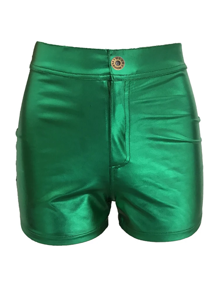 Kricesseen Sexy Solid Reflective Shiny Micro Shorts New Women Green High Waist Dancing Metallic Shorts Ladies Clubwear Outfits