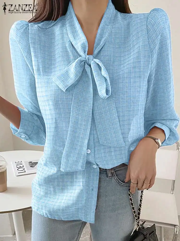 

ZANZEA Holiday Checked Blouses 2023 Autumn Women Tops Plaid Puff Sleeve Shirts Fashion Elegant Bow Tie Neck Loose Casual Chemise