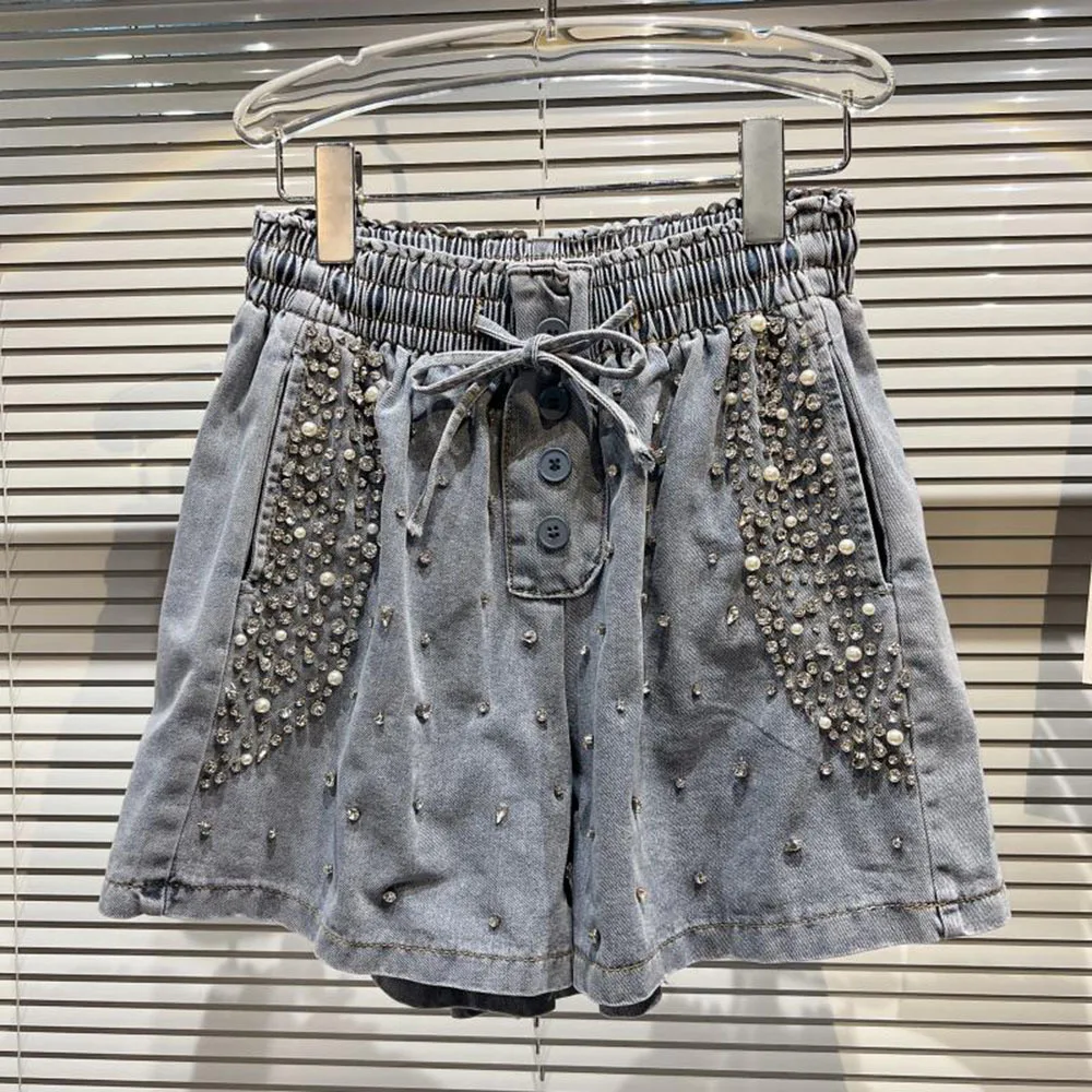 

Женские джинсовые шорты в европейском стиле, облегающие шорты с широкими штанинами и высокой талией, Украшенные бусинами и бриллиантами, лето 2022