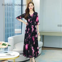 vintage floral dress women elegant chiffon korean party dress short sleeve v neck midi dress fall dresses for women 2022