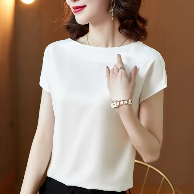 Senhora do escritório tops verão blusas de manga curta blusa de cetim camisas femininas moda simples sólido casual camisa solta blusas 13377 6
