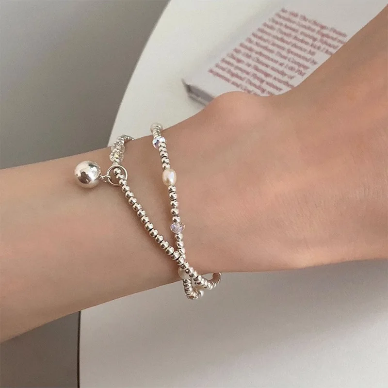 

925 Sterling Silver Bead Pearl Bracelet For Women Crystal Double Layer Versatile Design Jewelry Gift Dropshipping