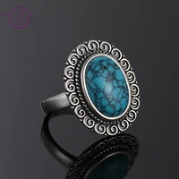 oval 10x14mm natural turquoise rings for women silver jewelry ring vintage wedding anniversary party gifts