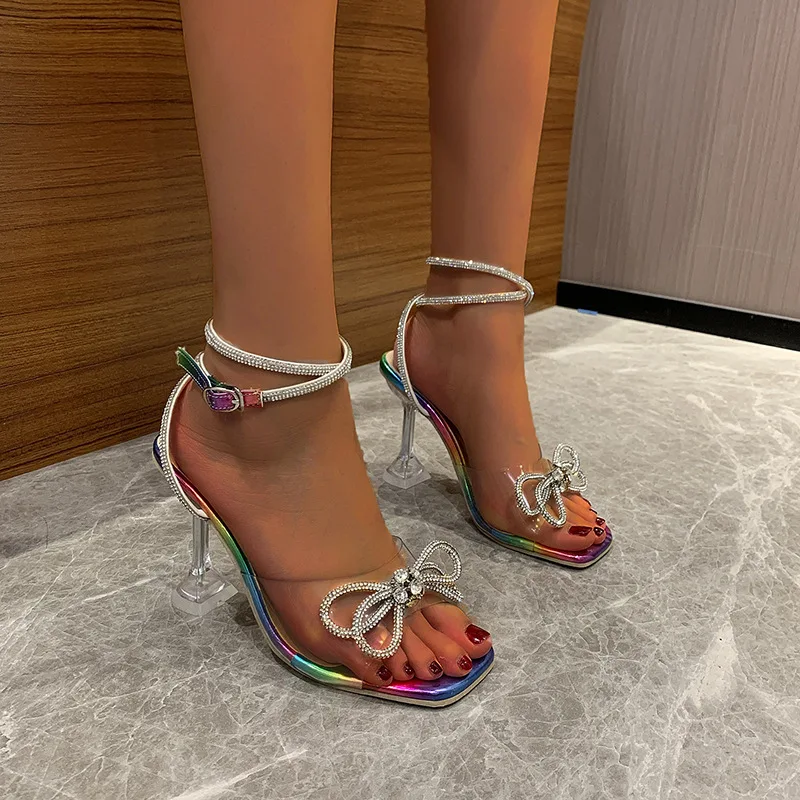 

Glitter Rhinestones Women Pumps Bowknot Colorful Sole Summer Sandal Lady Shoes Wedding Club Pu Leather High Heels Party Shoes