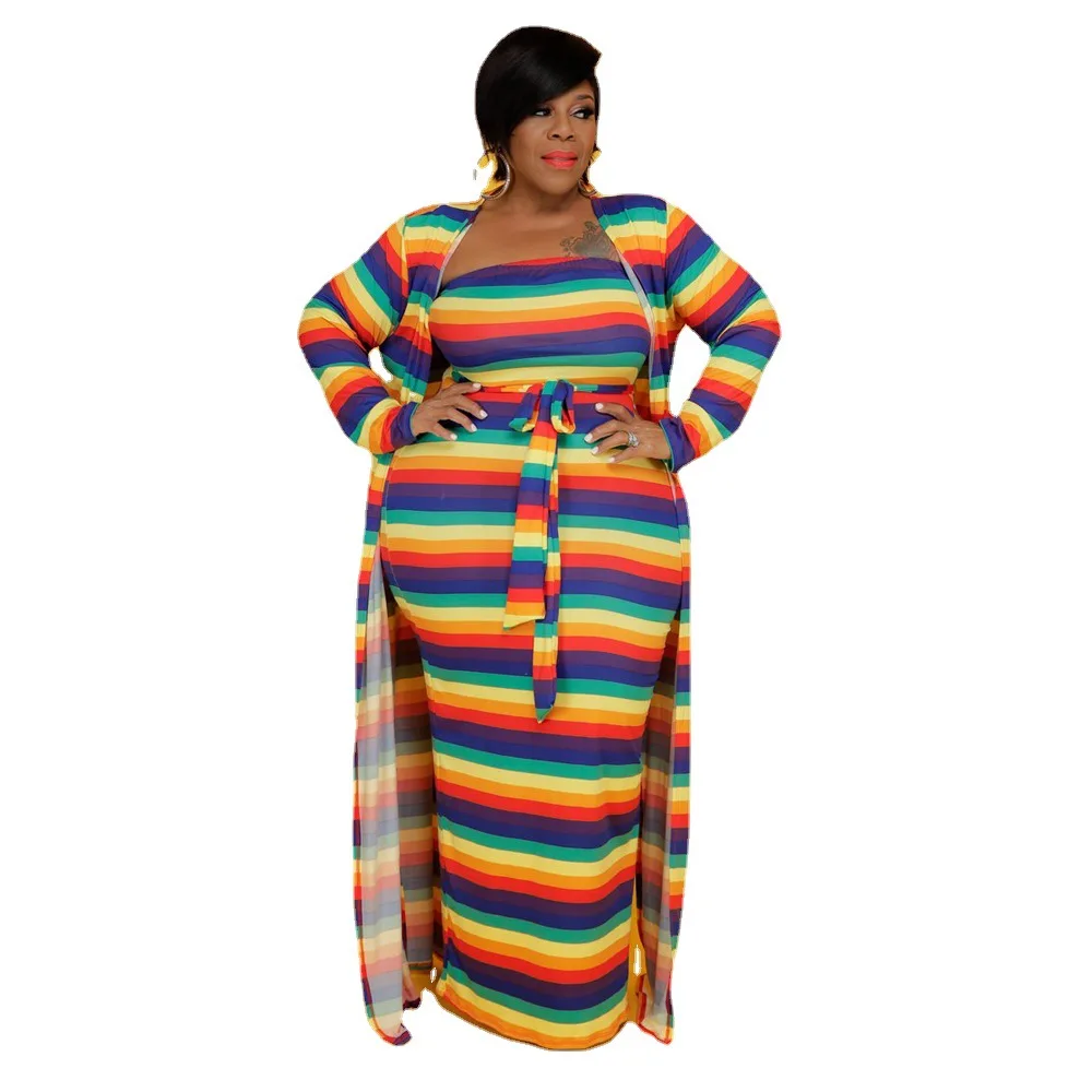 Plus Size Sets Striped Colorful Long Sleeve Long Coat and Wrapped Breast Skirt Slim Two Piece Set Women Dresses for Women 2022