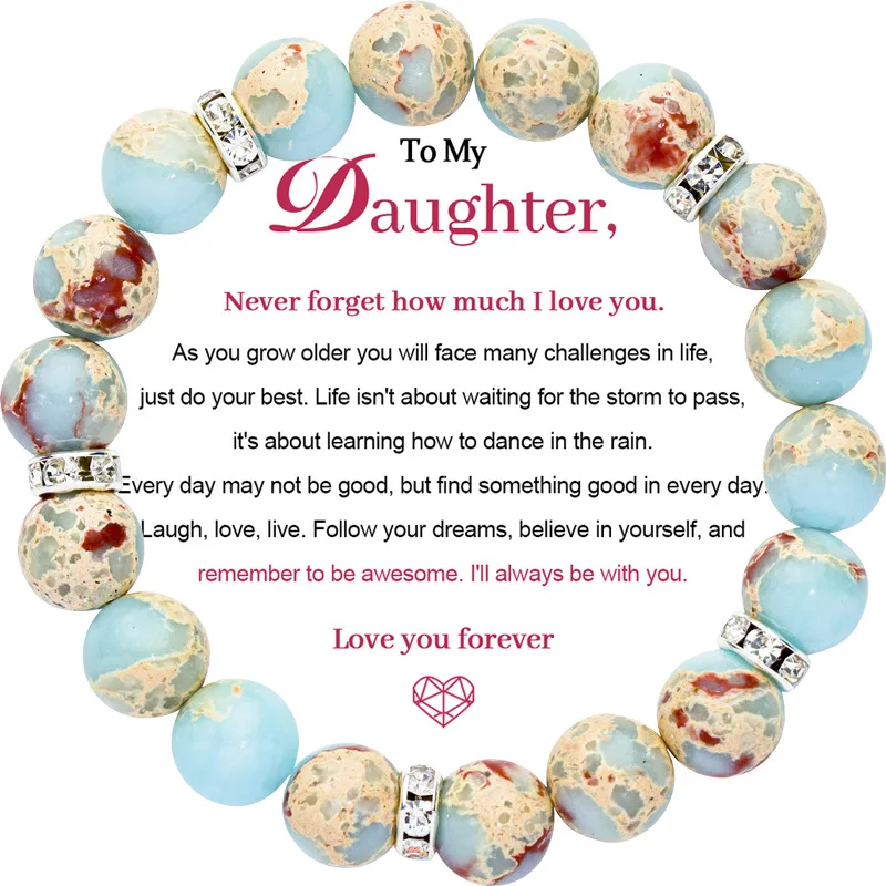 

TO MY DAUGHTER'S BRACELET with Card 8mm Carolina Blue Sea Sediment Jasper Beads Bracelet for Daughter Natural Stone Healing Impe