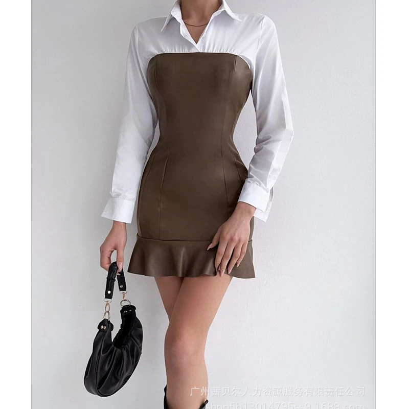 

Women Shirt Dress Spring and Summer Leather Slim High Waist Mini Dress Women Long Sleeve Turn-down Collar Ruffle Stitching Dress