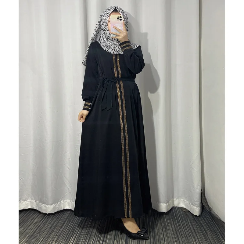 2022 Plus Size Diamond Shiny Boubou Long Sleeve Dress Black Bangladesh Women Lace Maxi Abaya Dubai Turkey Muslim Hijab Dress