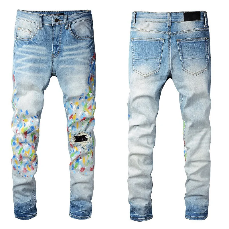 

Blue Jeans Hip Hop Vintage Hole Jeans Men jeans vintage 2022 Trend Orange Fire Print Slim Streetwear Motorcycle Jeans Pants