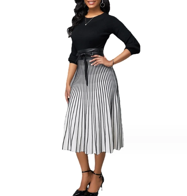 

Женское офисное платье в полоску, повседневное модное Привлекательное платье с круглым вырезом и завязкой, яркая Женская одежда, новинка 2023