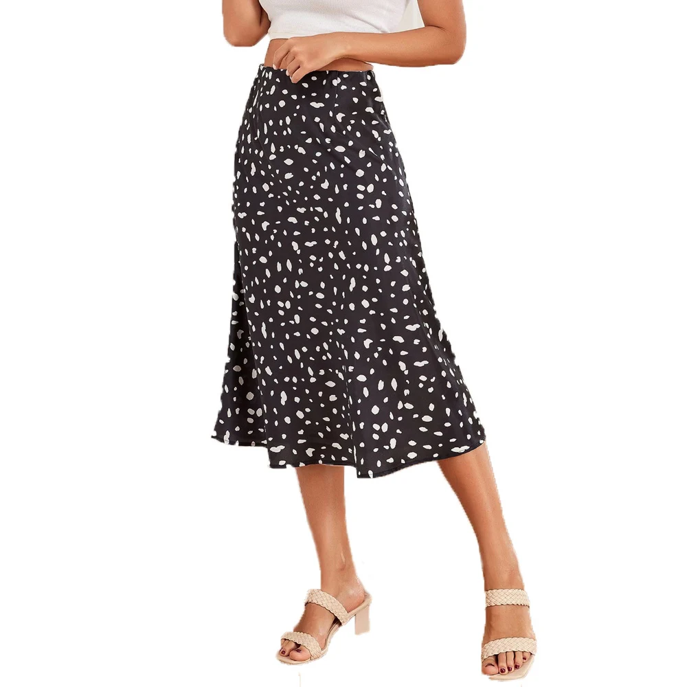 

Women Summer Midi Skirt Printed Half-length Elastic Waist High Elastic Satin A-line Slim Long Skirts Lady Casual Street Clothing