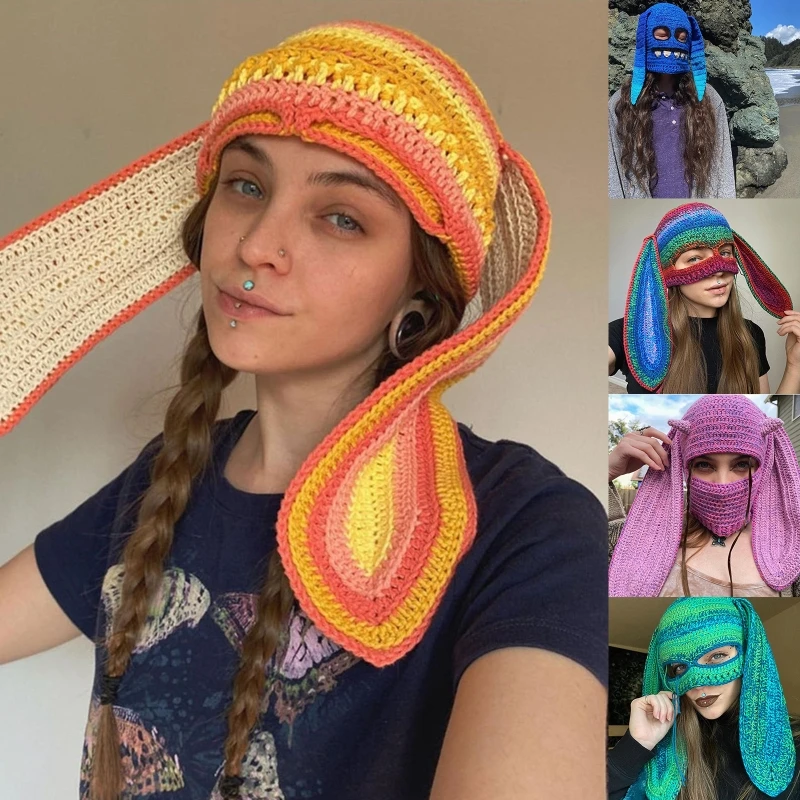 

28TF Ski Knitted Half Face Hat Winter Halloween Riding Bunny Ear Shape Balaclava Hat