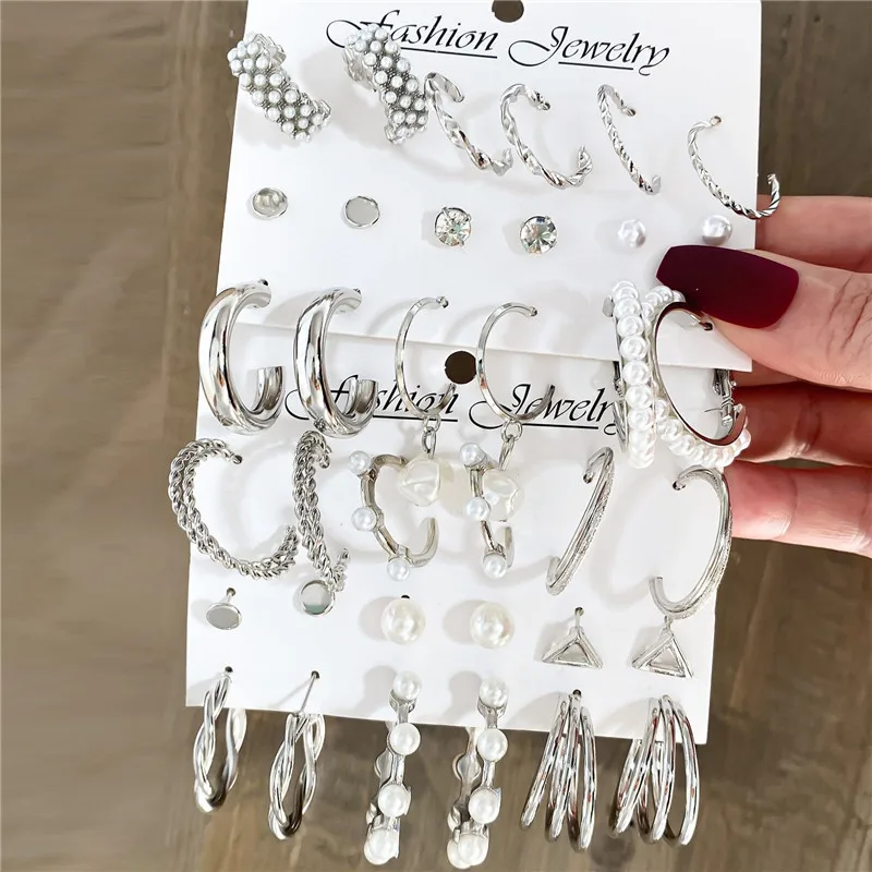 

VAGZEB Trendy Earrings Set for Women Girls Simple Silver Color Pearl Metal Circle Dangle Earrings New Fashion Jewelry Gift