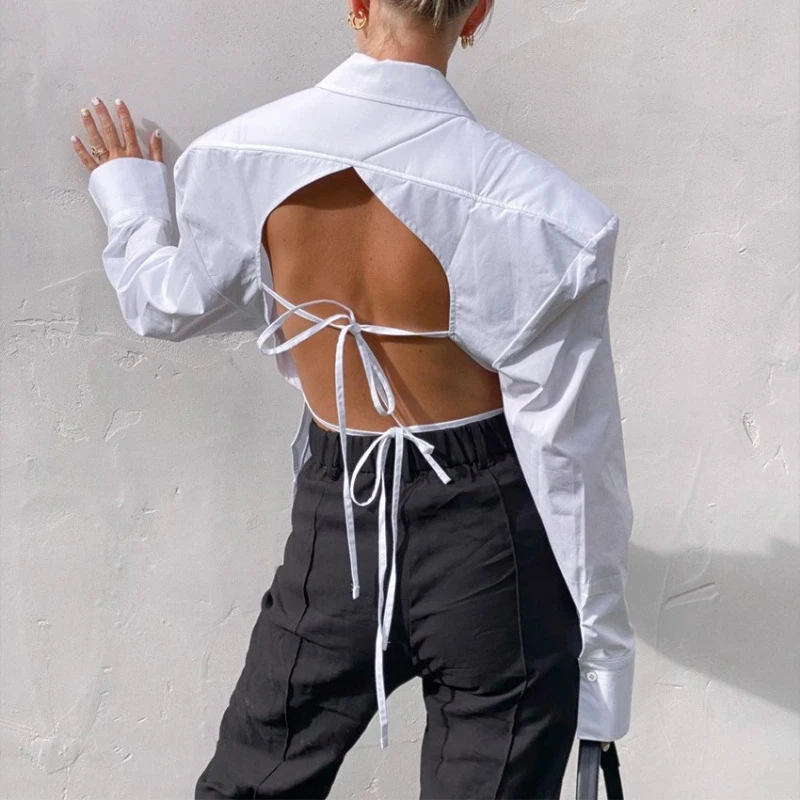 Блузка женская с открытой спиной карманом и длинным рукавом