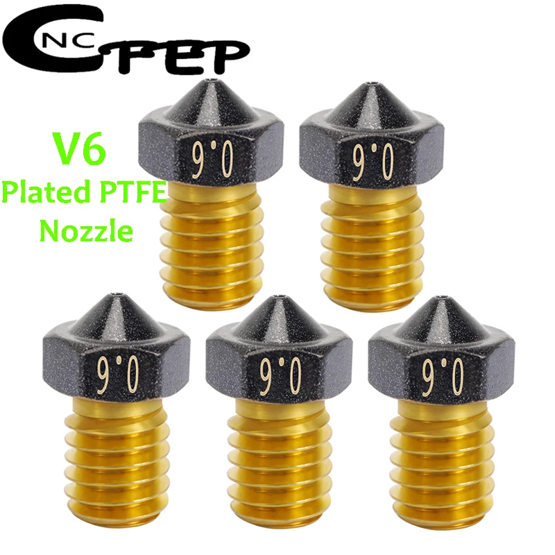 

CNCFEP 5pcs V6 Plated PTFE Brass Nozzle 3D Printer Parts E3D V6 Nozzles For 1.75mm Filament For CR6 SE Ender3 CR10 Vyper Hotend