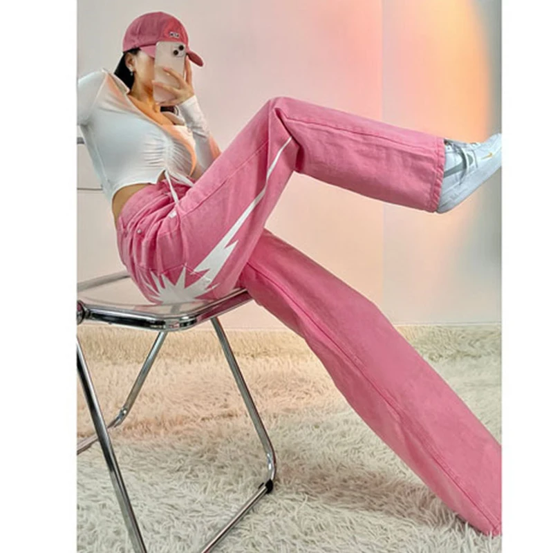 Casual Straight Jeans Women's Jeans Women's Baggy Wide Leg Trouser High Waist Fashion Pink Streetwear Straight Printed Jeans