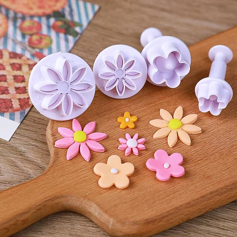 

4pcs Plum Flower Daisy Flower Cake Plunger Fondant Cookie Cutter Mold Plum Baking Decorating Biscuit Stamps For Kitchen Tools