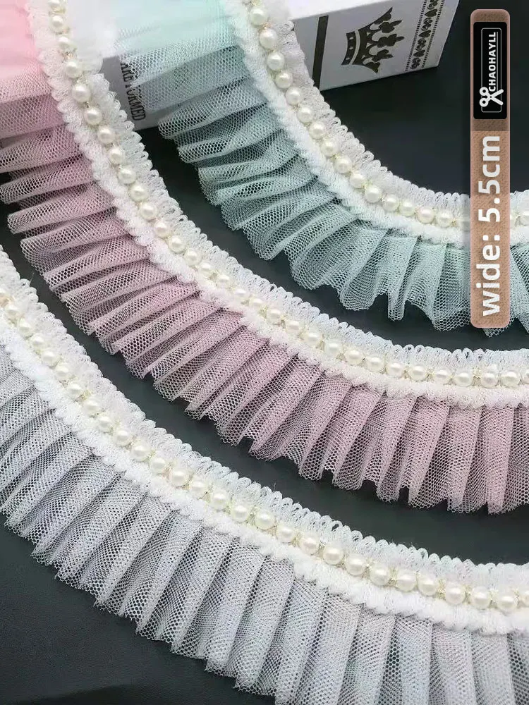 

5.5CM Wide 3D Pleated Net Mesh Beaded Tulle Lace Trim Fabrics for Sewing Clothes Women Wedding Dress Ruffle Cuffs Fabric Crafts