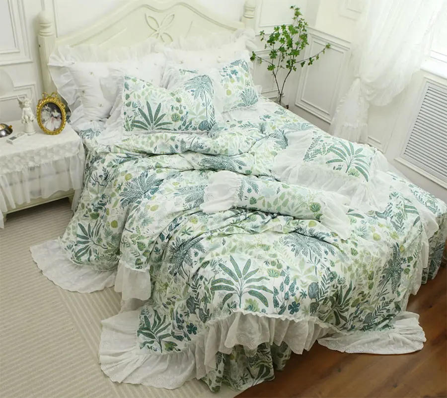 

Romantic nordic pastoral green bedding set,full queen king elegant lace cotton home textile bedspread pillow case quilt cover