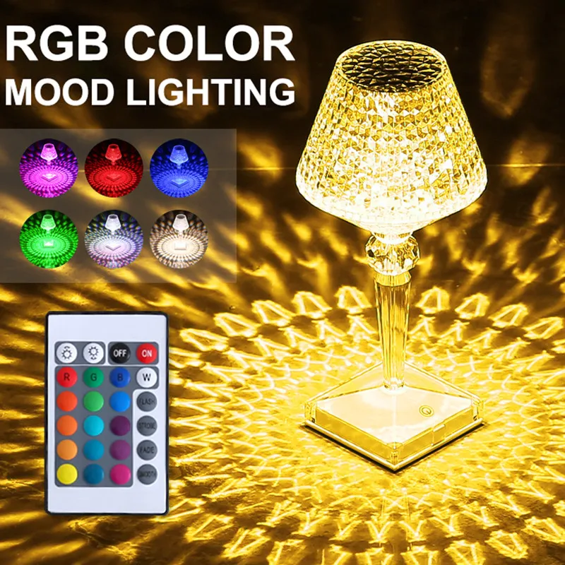 

LED Diamond Night Light Table Lamp Rechargeable Touch Sensor Dimming Crystal Projection Light For Bedside Bedroom Restaurant Bar