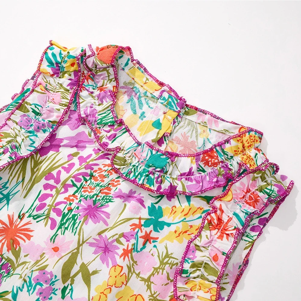 Комплекты детской одежды Кружевной топ без рукавов с цветочным принтом + широкие