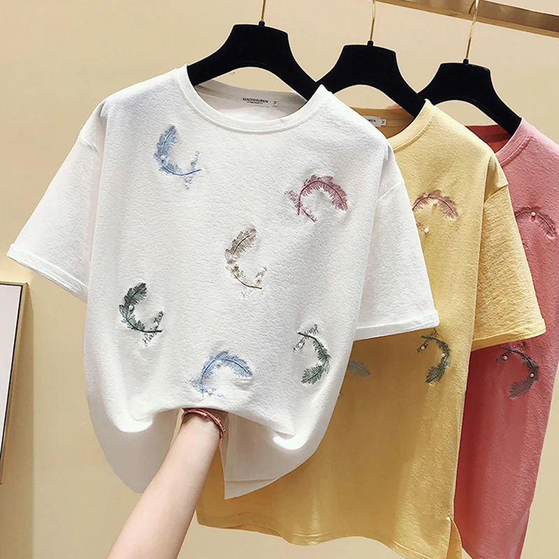 Футболка Shintimes с вышивкой женская футболка бисером летние топы 2022 Конопляный