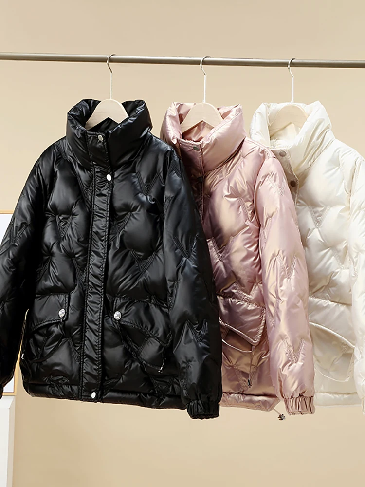 Women Jacket 2022 New Winter Parkas Female Glossy Down Cotton Jackets Stand Collar Casual Warm Parka Short Coat Female Outwear