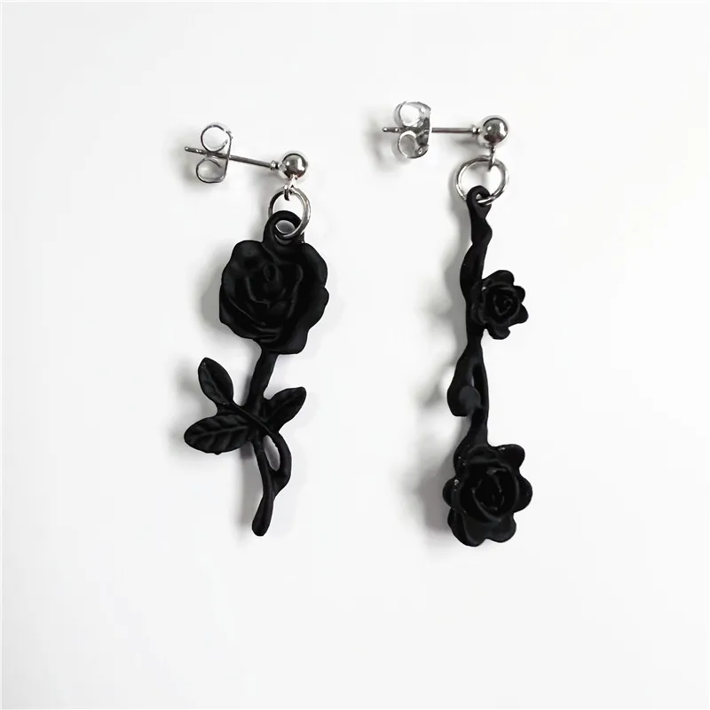 

Gothic Jewelry Dark Goth Black Rose Rose Stud Earrings Unglazed Rock Hip Hop Asymmetric Earrings
