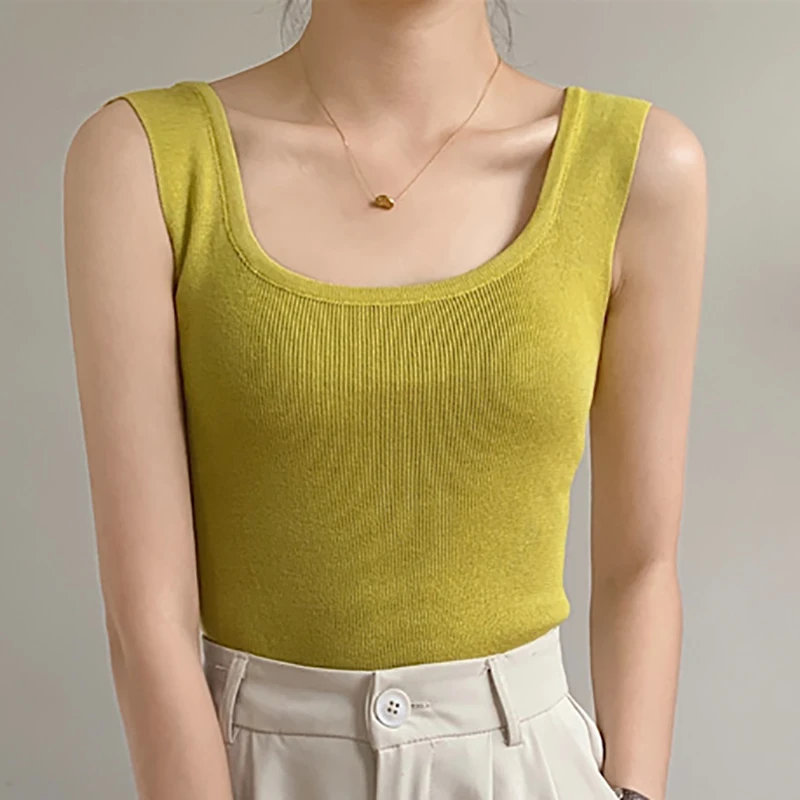 

2023 Summer Plain Cropped Knitted Tank Top Women Casual Square Neck Sleeveless T-Shirt Womens Clothing Basic Camisole For Female