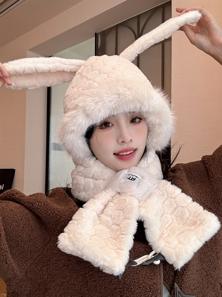 Милая шапка с заячьими ушками шарф интегрированные женские зимние велосипедные