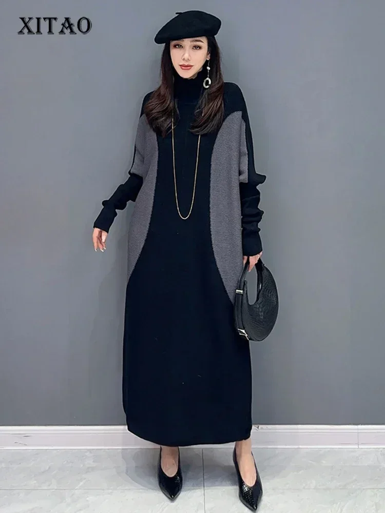 

XITAO вязаное платье с высоким воротом темпераментное контрастное цветное лоскутное женское осеннее Новое поступление модное Трендовое платье DMJ2906