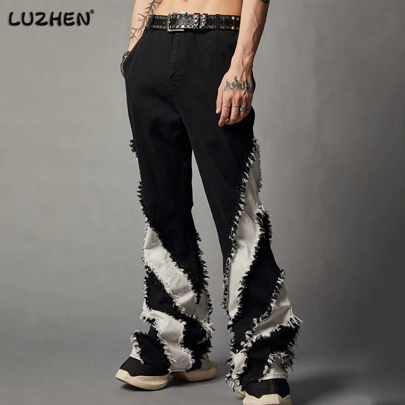 

LUZHEN Stylish Color Contrast Patchwork Niche Design Men Casual Denim Pants 2023 Trendy Slim Original Washed Bell-bottoms D074fb