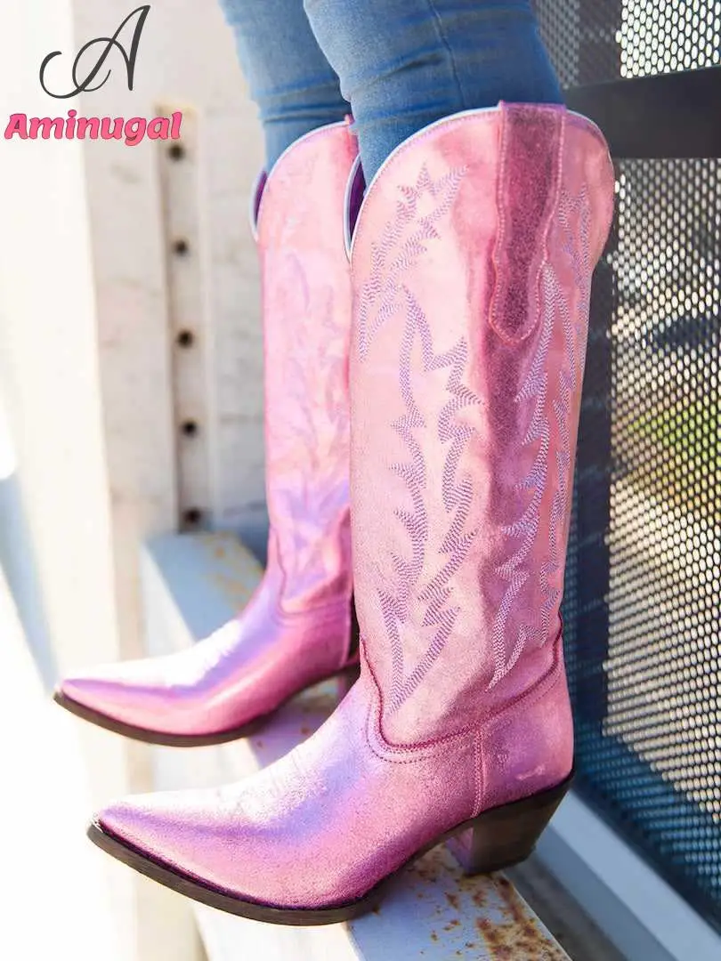 Pink Cowboy Western Boots For Women 2023 Brand New Embroidery Cowgirl Fashion Comfy Cute Spring Summer Women Knee-high Boots