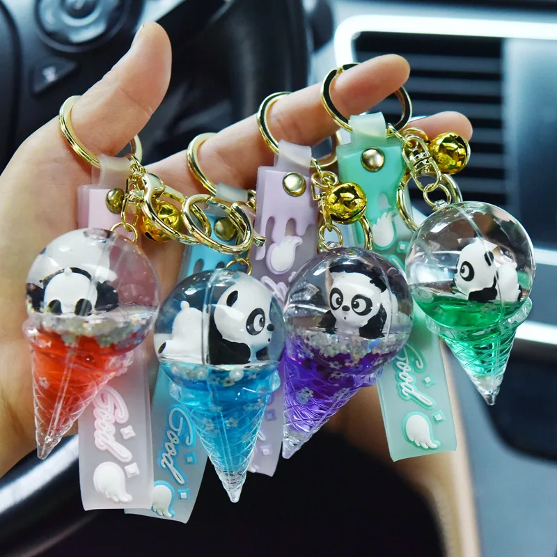 Cute Liquid Glitter Cute Panda ice cream Keychain Animal Key Fob WOmen Backpack Pendant Keyring Couples Women Gift