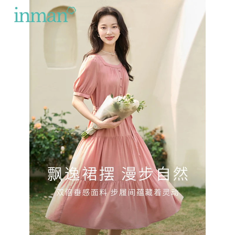 INMAN Women Dress 2023 Summer Short Sleeve Square Neck A-shaped High Waisted Pleated Design Casual Chic Green Pink Skirt