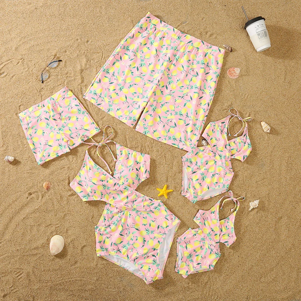 

Summer New Seaside Vacation Parent-child Outfit Lemon Print Stitching Hollow One-piece Swimsuit Swimming Trunks Shorts