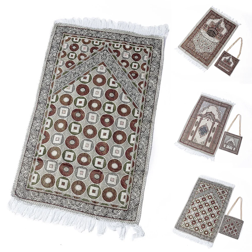 

Muslim Worship Rug Prayer Mat Portable Outdoor Travel Vintage Floral Print Woven Tassel Rug with Storage Bag Home Decoration