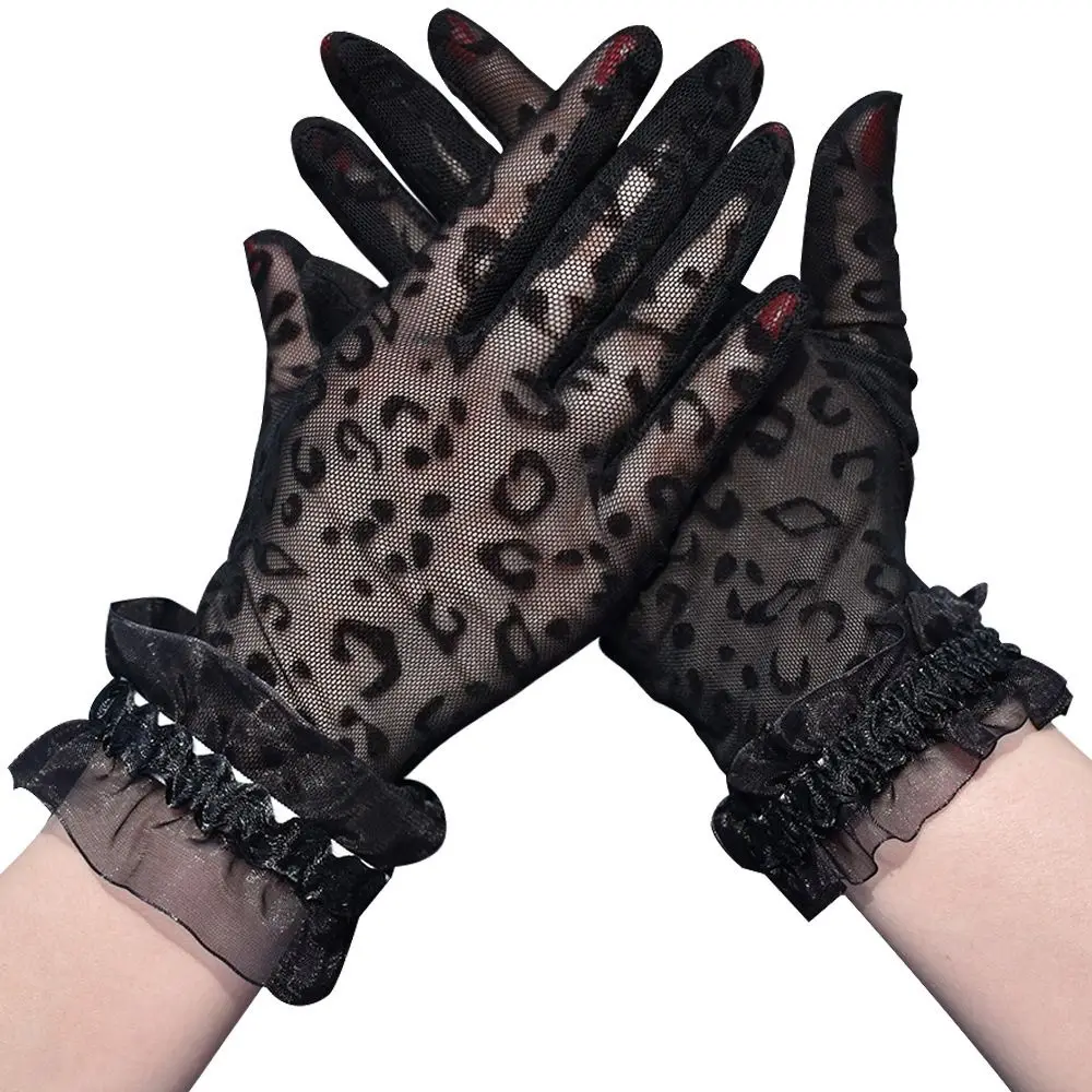 

Летние женские кружевные перчатки, привлекательные леопардовые тонкие солнцезащитные перчатки с защитой от УФ-лучей для вождения с закрытыми пальцами из тонкой тюлевой ткани, свадебные варежки