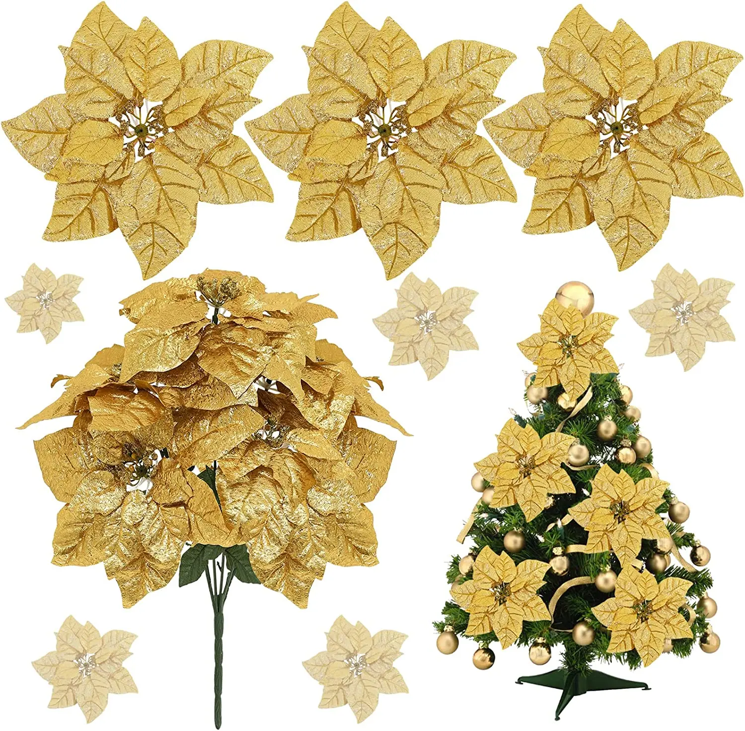

10pcs Artificial Poinsettia Flower Heads with 2pcs Stems Fake Gold Christmast Decoration Faux Flowers Bouquet Home Garden Decor